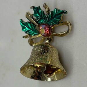 Vintage Holly Bell Festive Gold Brooch with Green Leaves and Holly Rhinestone